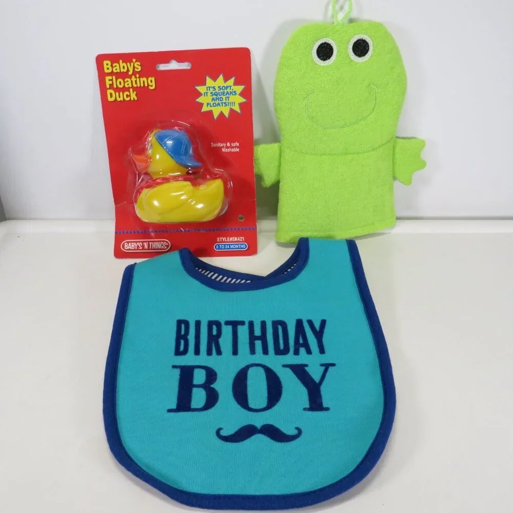 Baby Boy set Birthday Bib, Rubber Ducky & Food Bath Mit